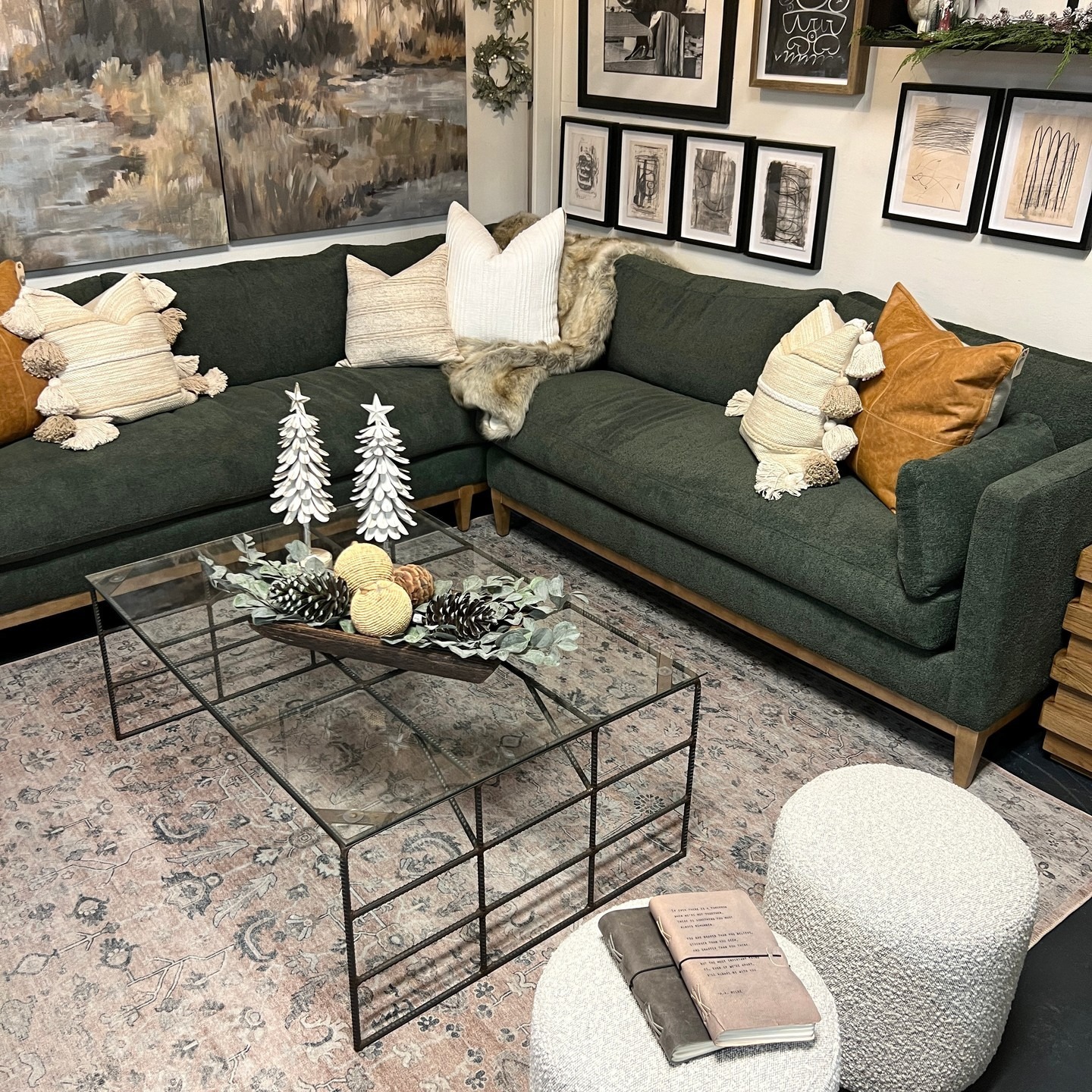 5. Deep Green Sectional with Rustic-Modern Charm - sectional living room ideas