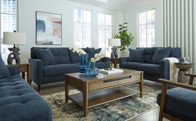 7. Denim-Blue Sectional Set with Modern Wood Accents - sectional living room ideas