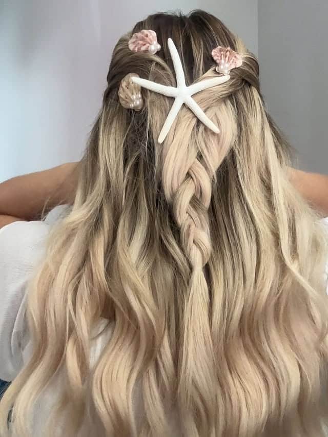 3. Seashell Half Braid with Sandy Blonde Waves - Summer Hairstyles