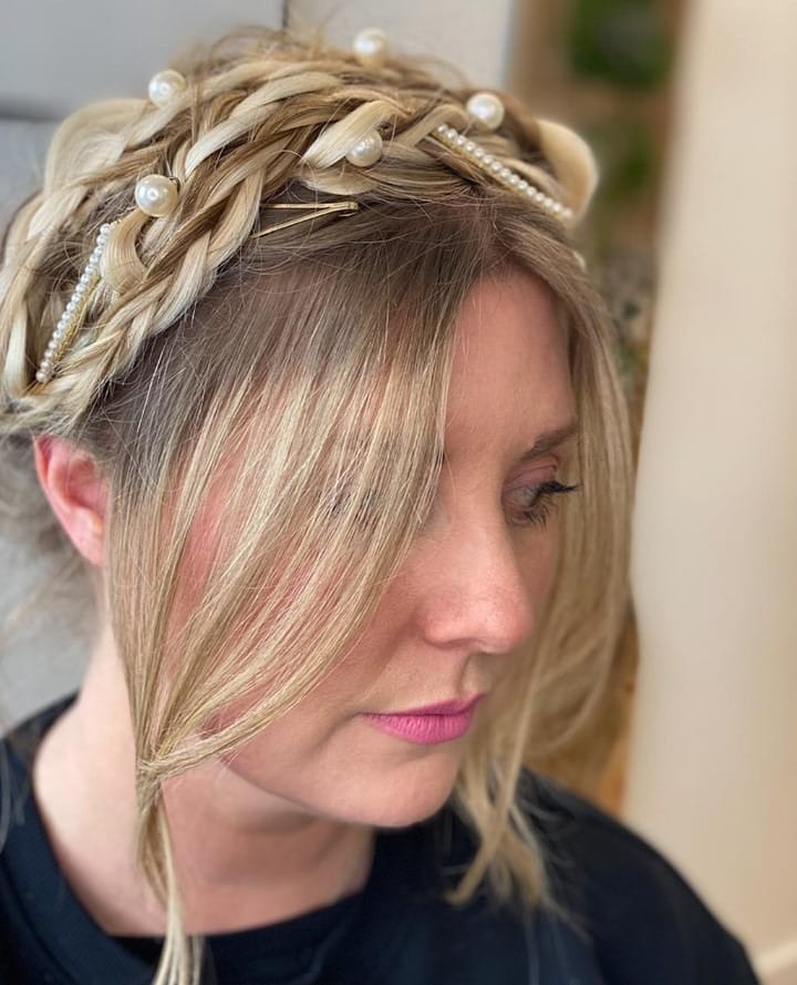 5. Pearl-Laced Crown Braid on Honey Blonde Hair - Summer Hairstyles