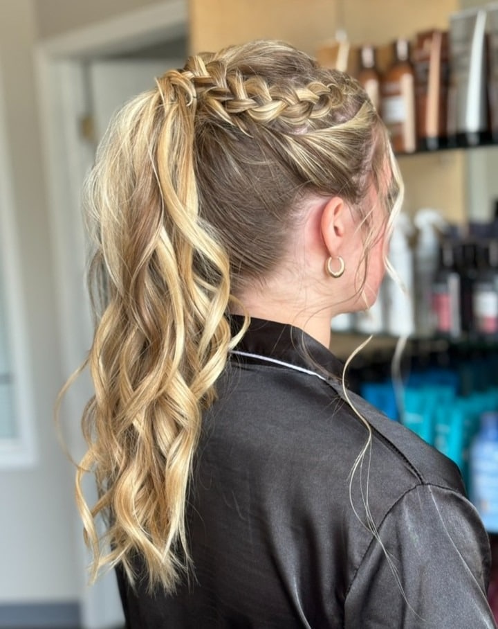 13. Braided Crown Ponytail on Golden Blonde Curls - Summer Hairstyles