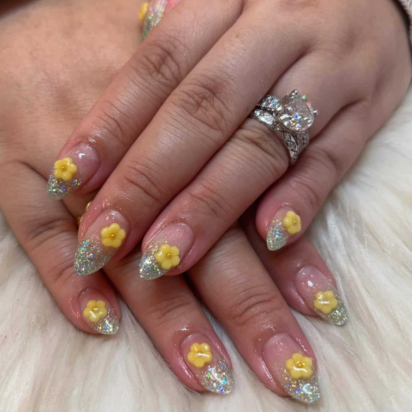 1. Sparkling Yellow Blossom Almond Nails - fall flower nail ideas