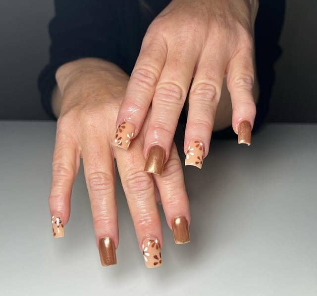 5. Golden Caramel Floral Square Nails - fall flower nail ideas