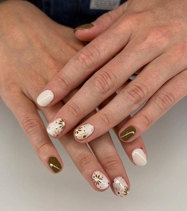 9. Olive & Cream Fall Garden Nails - fall flower nail ideas