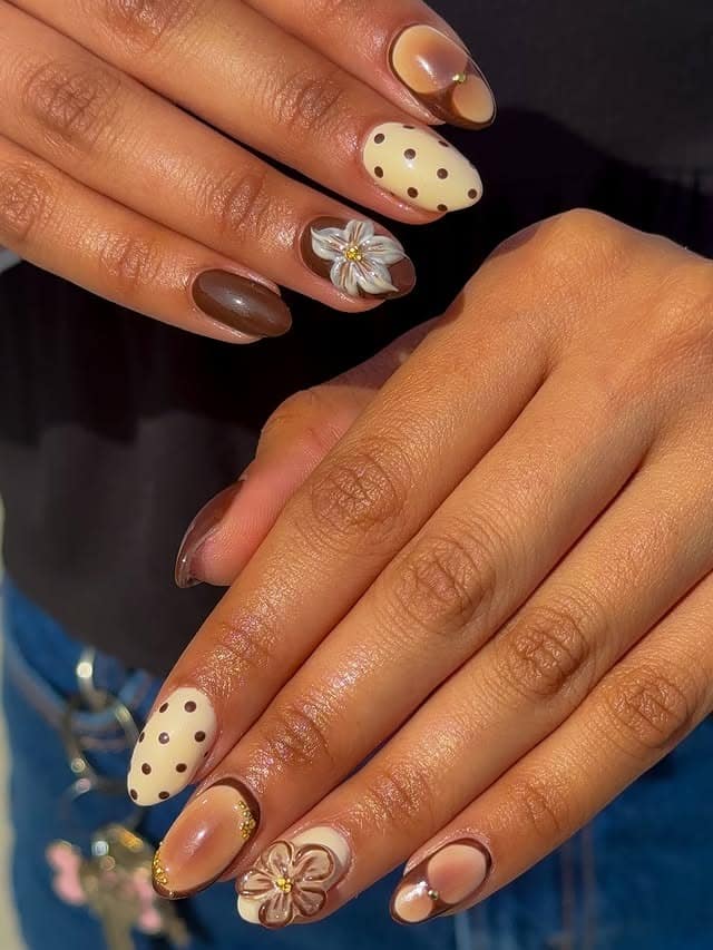 10. Mocha Petal Accent Almond Nails - fall flower nail ideas