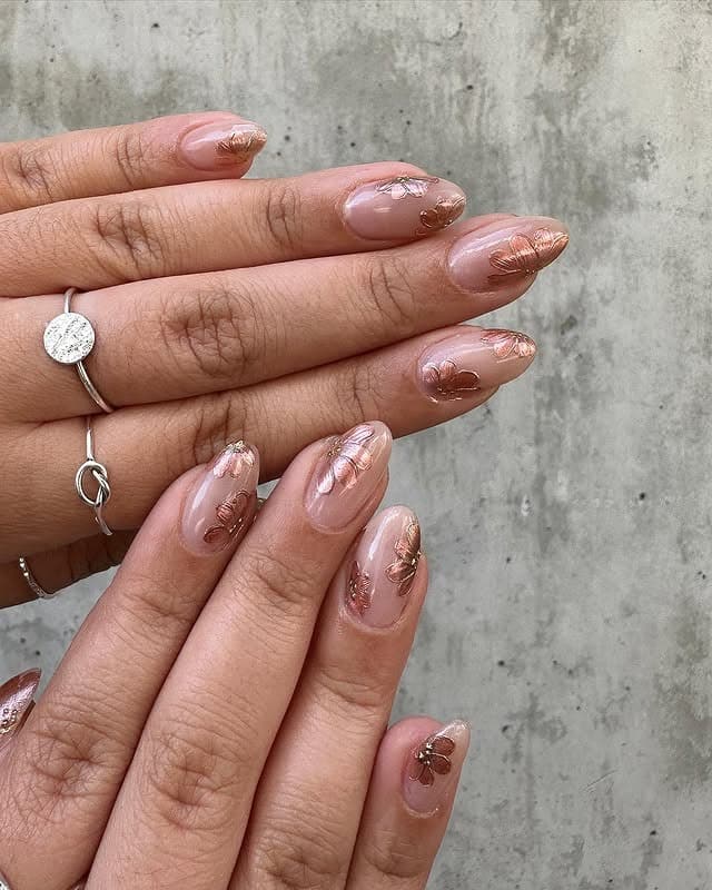 12. Rose-Gold Petal Overlay Almond Nails - fall flower nail ideas