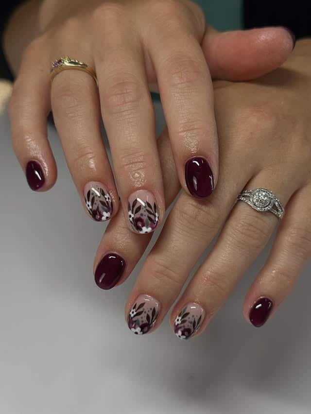 14. Deep Berry Floral Accent Nails - fall flower nail ideas