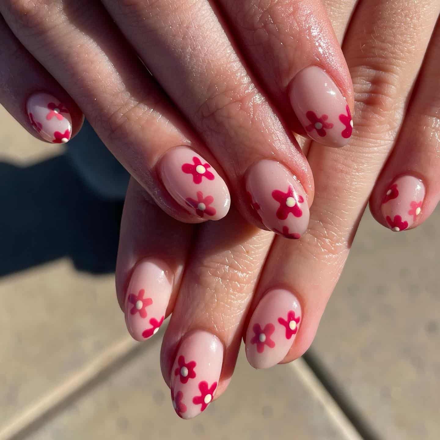 15. Pink Blossom Dot Almond Nails - fall flower nail ideas