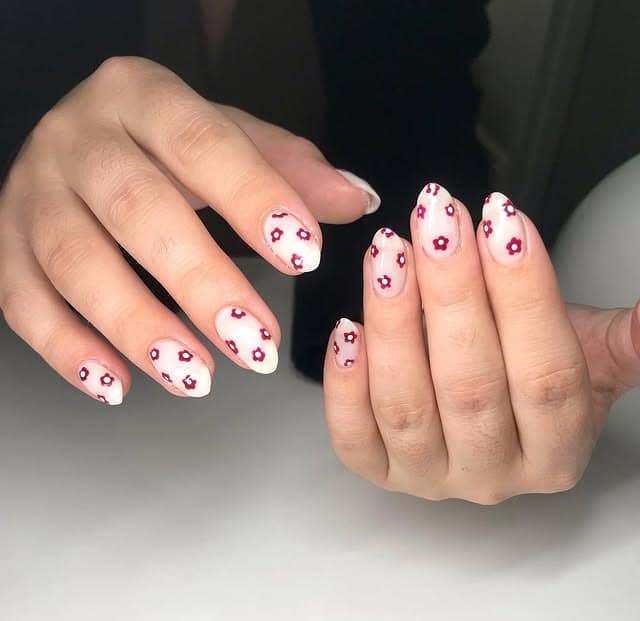 18. Red Mini-Flower Almond Nails - fall flower nail ideas