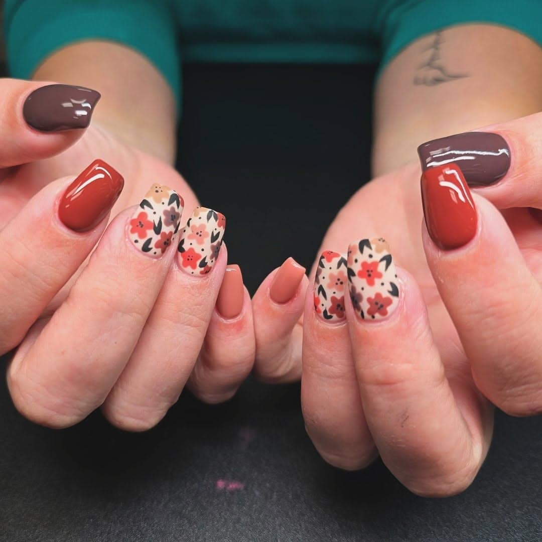 20. Terracotta & Cocoa Fall Floral Square Nails - fall flower nail ideas