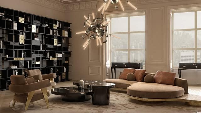 7. High-End Luxe Living in Mocha, Brass & Black - elegant living room ideas