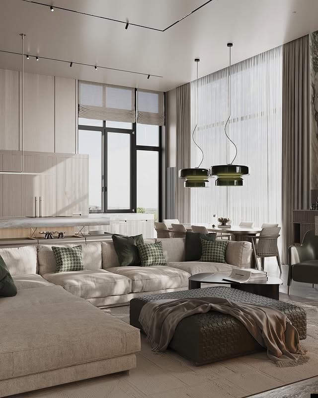9. Modern Organic Living in Earthy Neutrals & Deep Greens - elegant living room ideas