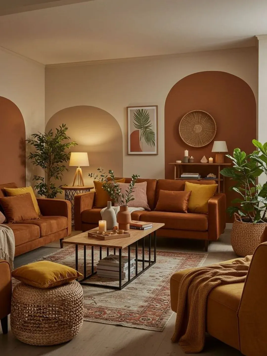 10. Earth-Toned Cozy Retreat in Terracotta & Mustard - elegant living room ideas