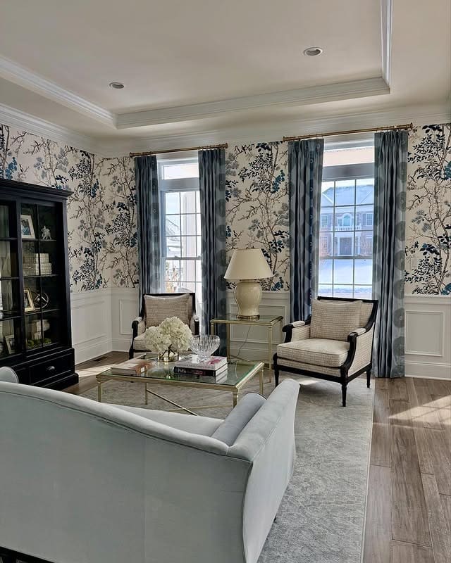 12. Floral Elegance with Blue and Cream Accents - elegant living room ideas