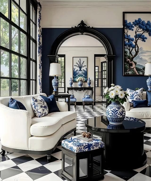 13. Chinoiserie Chic in Blue, White, and Black - elegant living room ideas