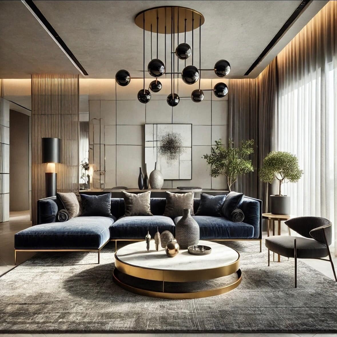 14. Modern Luxe in Deep Navy and Brushed Gold - elegant living room ideas