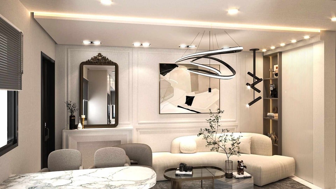21. Contemporary Chic in Cream, Black, and Marble - elegant living room ideas