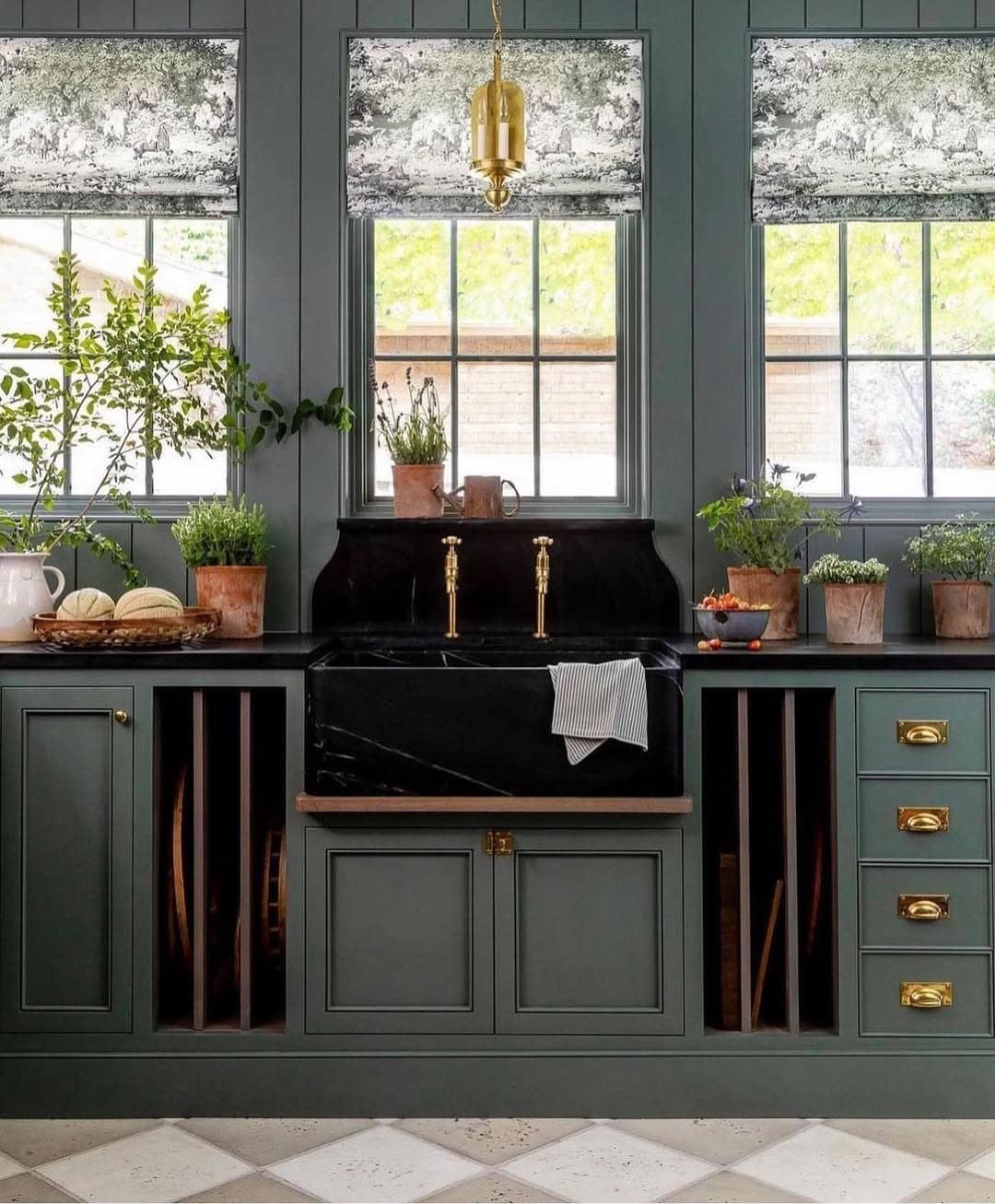 8. Dark Grey Kitchen with Black Marble Farm Sink - yellow and grey kitchen ideas