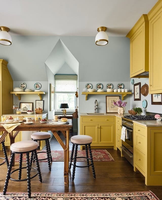 9. Cheerful Country Kitchen in Yellow and Soft Blue-Grey - yellow and grey kitchen ideas