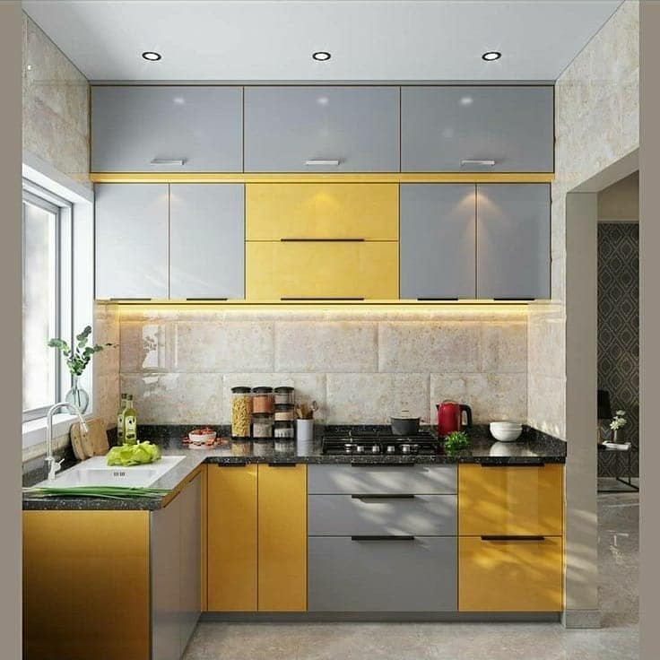 14. Two-Tone Gloss Cabinetry in Grey and Yellow - yellow and grey kitchen ideas
