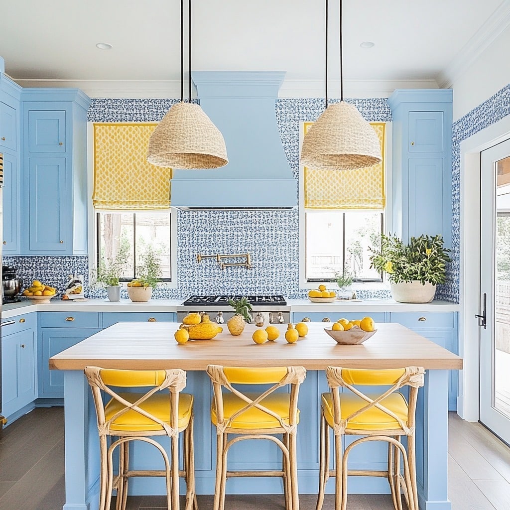 15. Blue Kitchen with Yellow Accents and Grey Undertones - yellow and grey kitchen ideas