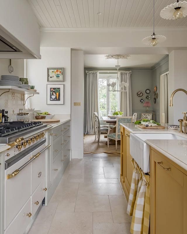 17. Soft Grey and Mustard Kitchen with Brass Detailing - yellow and grey kitchen ideas