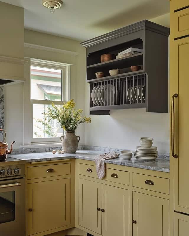 19. Traditional Yellow Cabinets with Charcoal Plate Rack - yellow and grey kitchen ideas