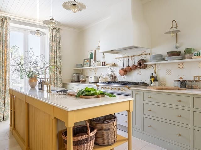 22. Classic Country Kitchen with Yellow Island and Grey Cabinetry - yellow and grey kitchen ideas