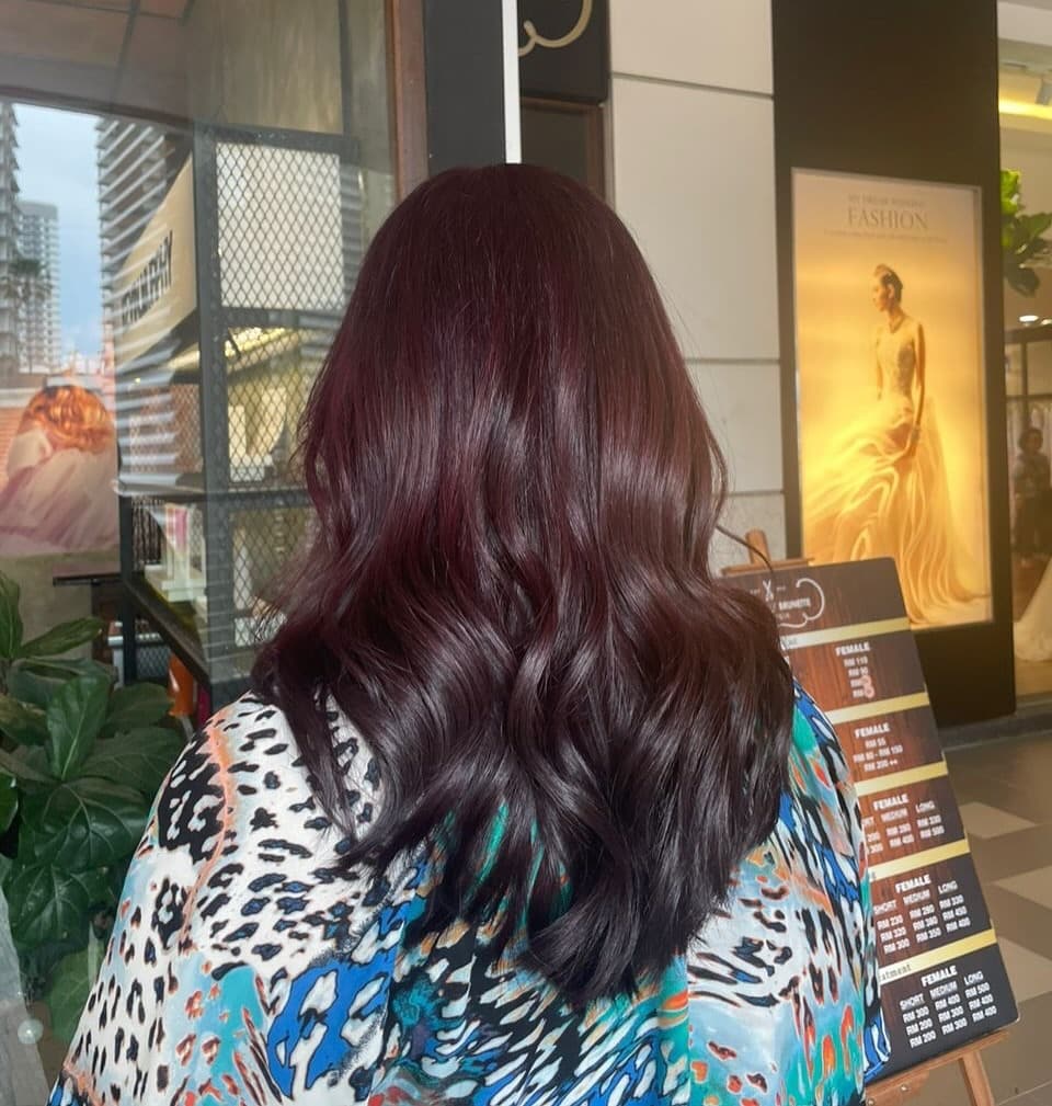 2. Deep Mulberry Gloss With Polished Mid-Length Waves - Burgundy Balayage Hair Color