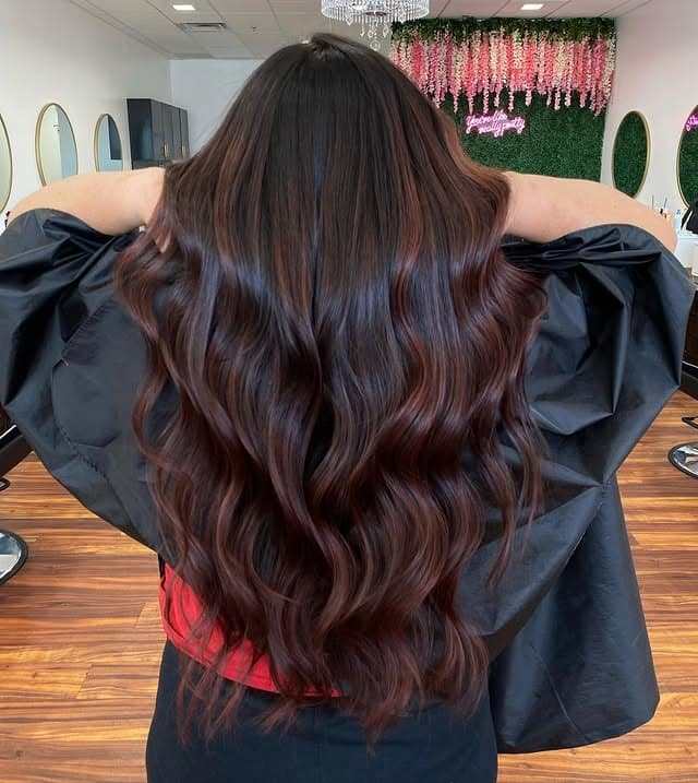 17. Dimensional Chocolate-Burgundy Waves on Extra-Long Hair - Burgundy Balayage Hair Color