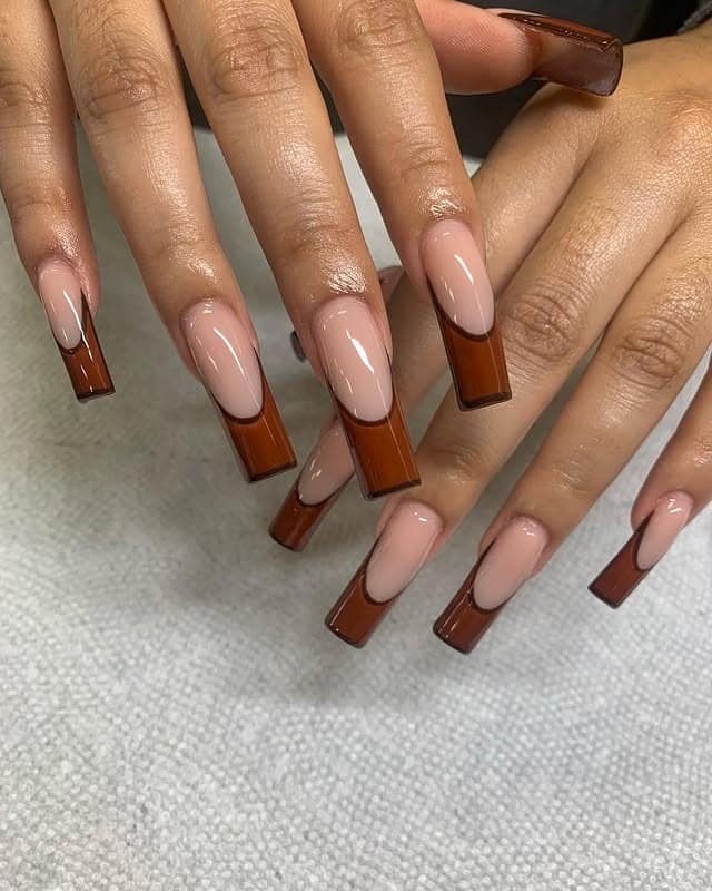 11. Glossy Chestnut French Coffin Nails - fall french nail ideas