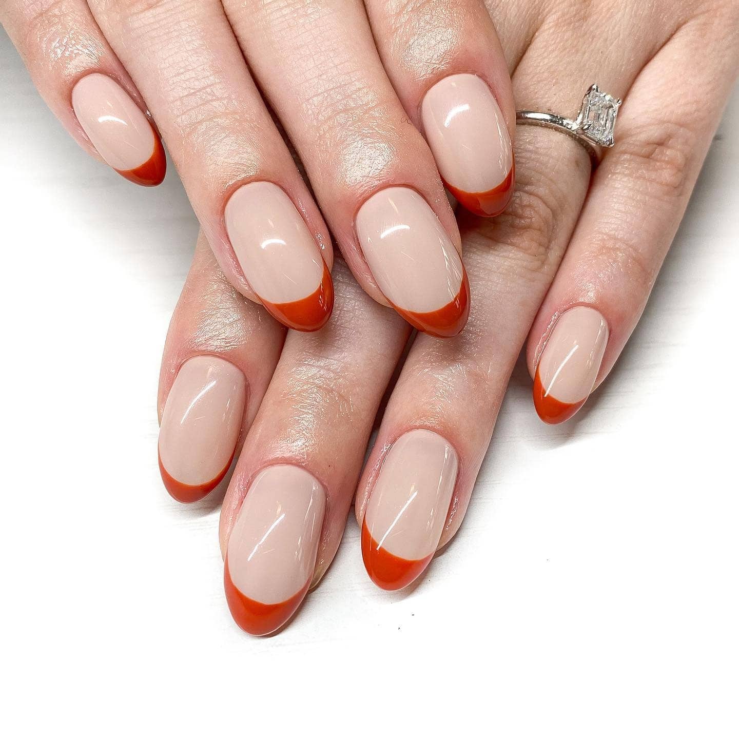 13. Pumpkin Spice French Almond Nails - fall french nail ideas