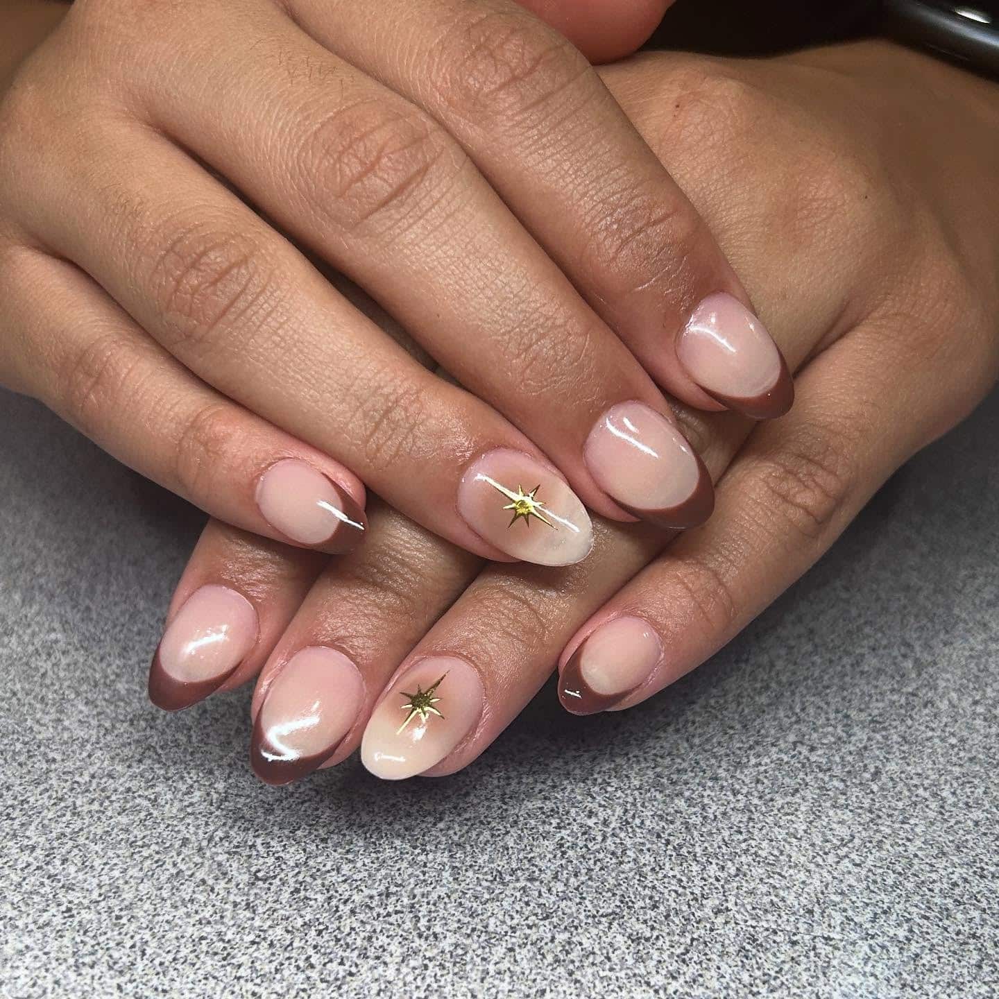 14. Frosted Copper French with Star Accents - fall french nail ideas