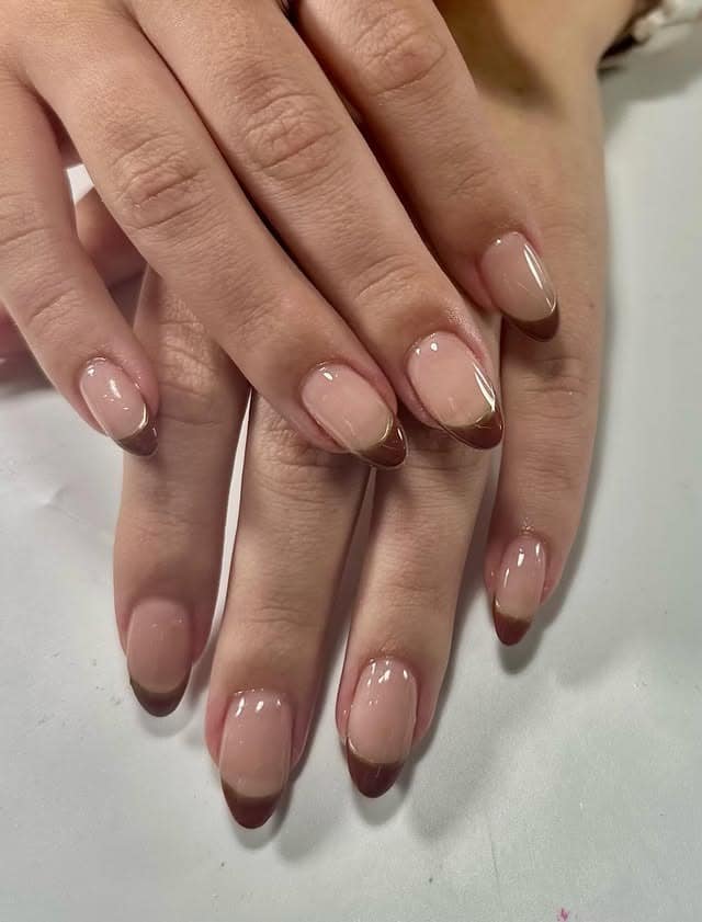 20. Bronze French Almond Nails with Fine Gold Outline - fall french nail ideas