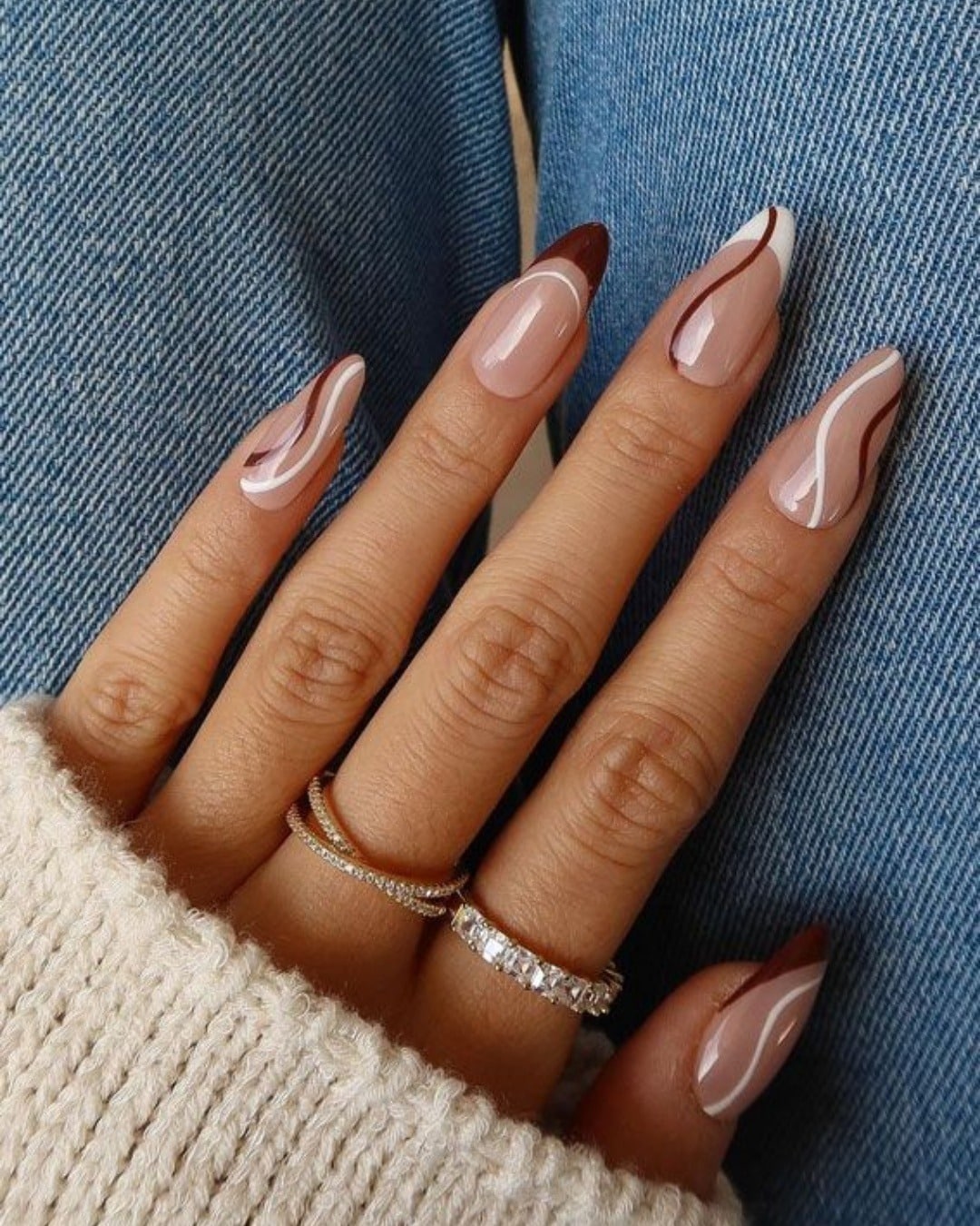 22. Autumn Swirl French Almond Nails - fall french nail ideas