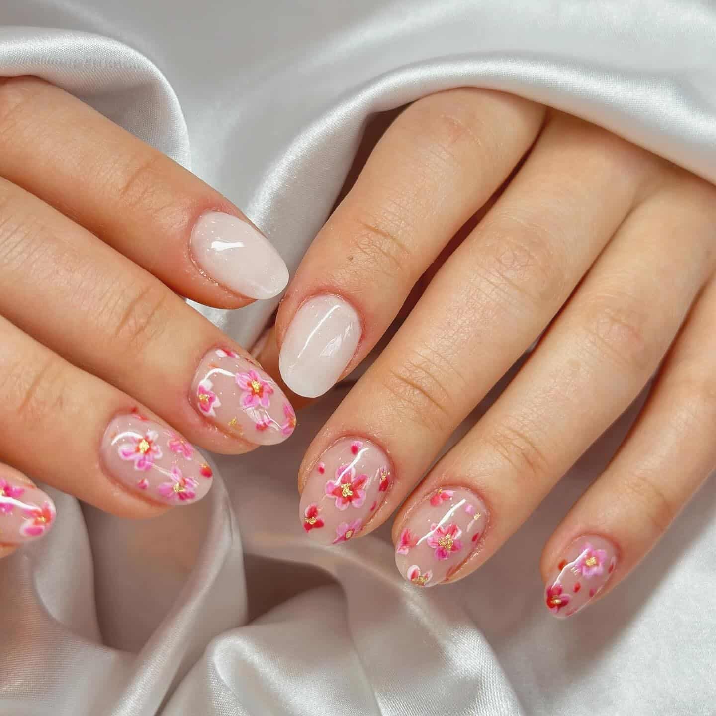 1. Soft Pink Blossom Dip Nails - flower dip nail ideas