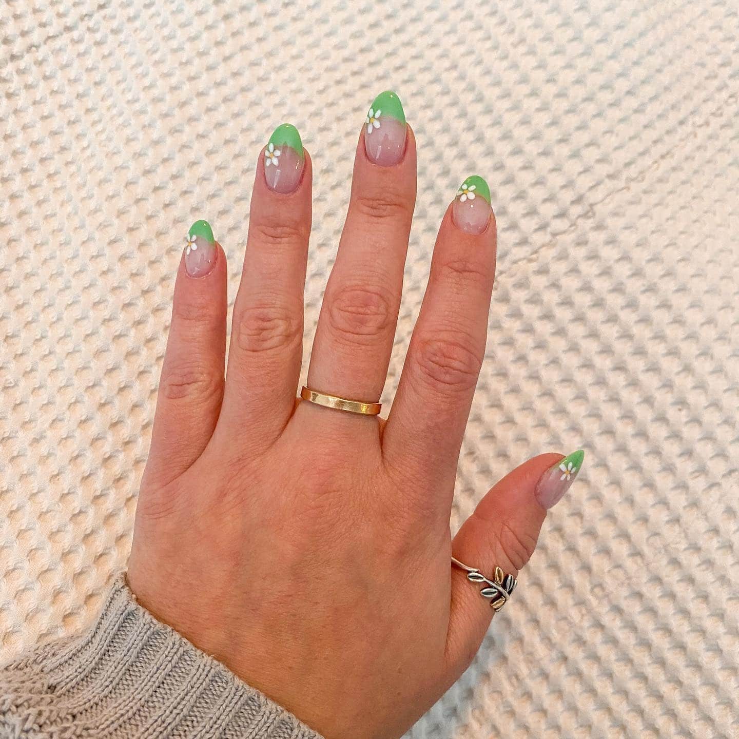 5. Green French Floral Dip Nails - flower dip nail ideas