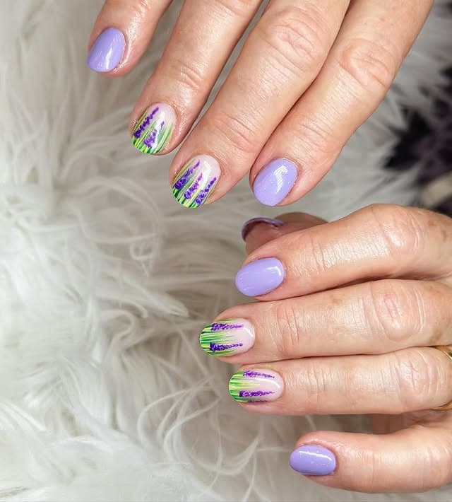 6. Lilac Field Striping Dip Nails - flower dip nail ideas