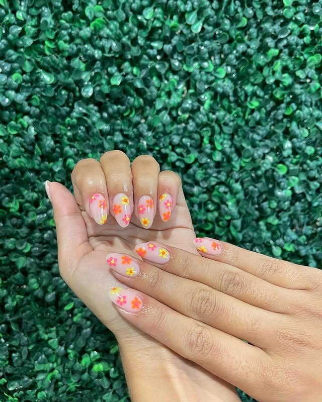 15. Neon Citrus Floral Dip Nails - flower dip nail ideas