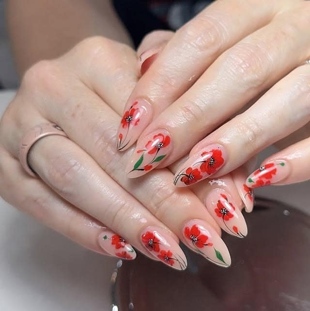 17. Red Poppy Garden Dip Nails - flower dip nail ideas