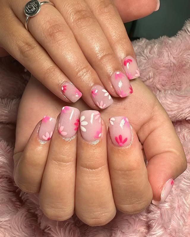 18. Rosy Pink Layered Petal Dip Nails - flower dip nail ideas