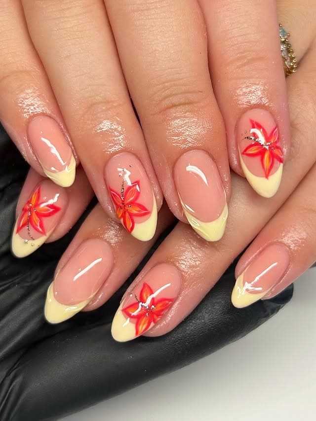 20. Lemon Petal French Dip Nails - flower dip nail ideas