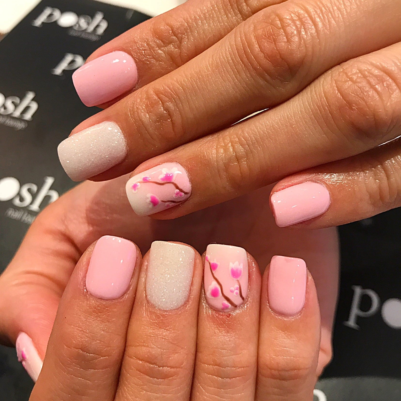 21. Pink Blossom Branch Dip Nails - flower dip nail ideas