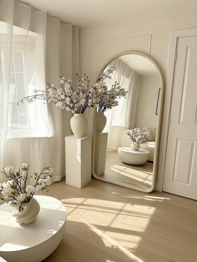 1. Soft Minimal Mirror Styling in Warm Neutrals - mirrors in living room ideas