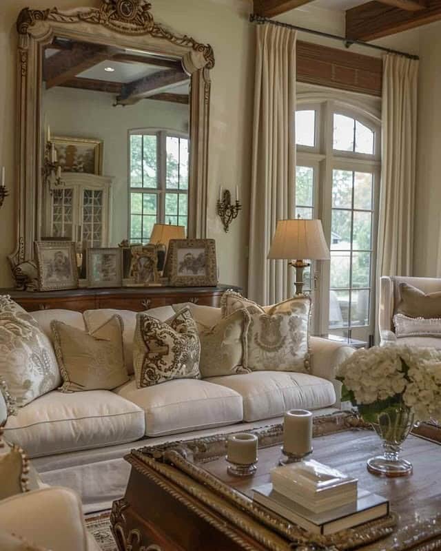 2. Classic Luxe Mirror Display in Cream and Gold Accents - mirrors in living room ideas