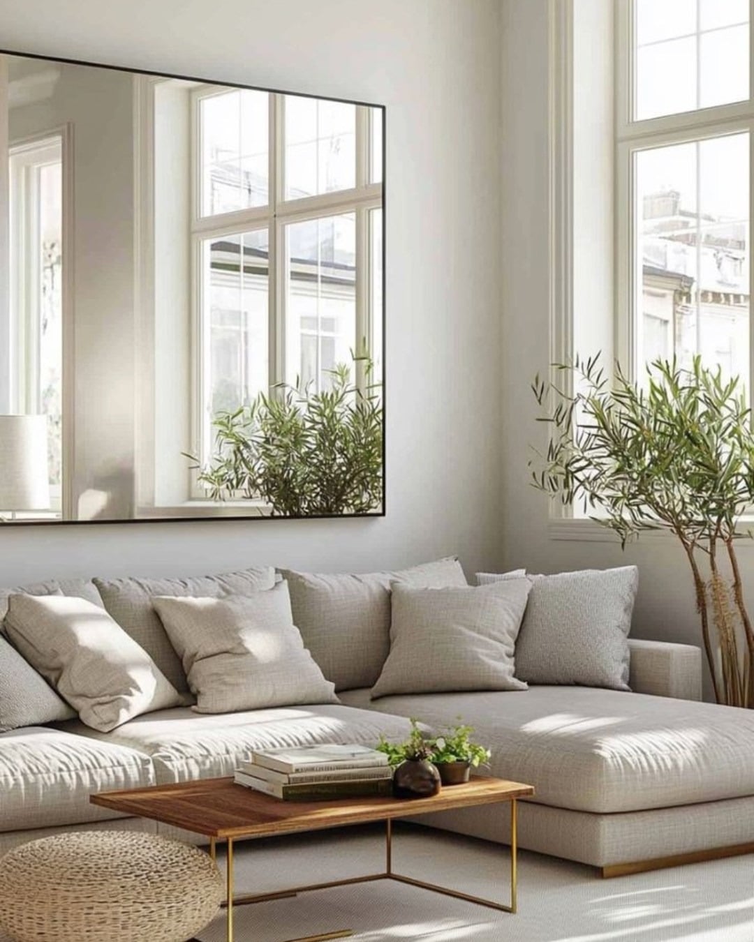 4. Contemporary Oversized Mirror in Soft Beige and Natural Wood - mirrors in living room ideas