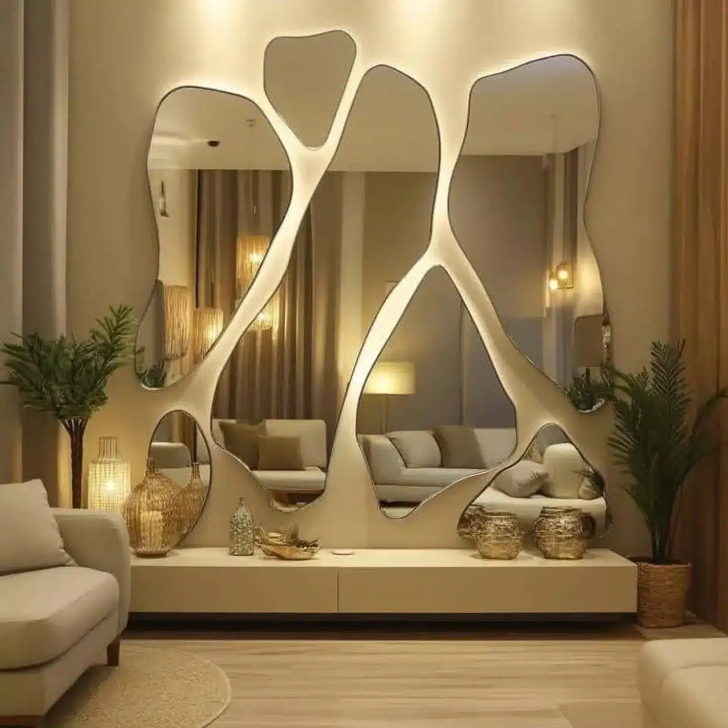 5. Organic Mirror Sculpture in Earthy Taupe and Warm Gold - mirrors in living room ideas