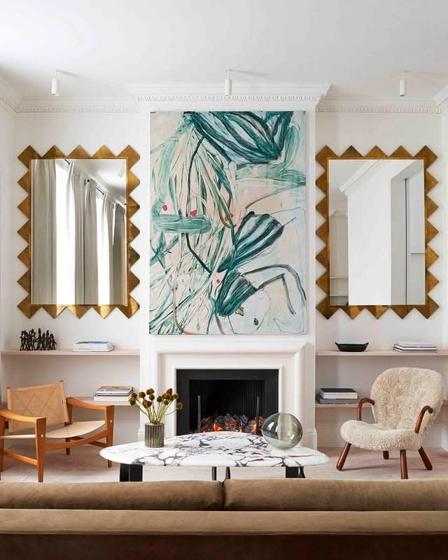 14. Oversized Modern Mirror in Warm Beige and Natural Wood - mirrors in living room ideas