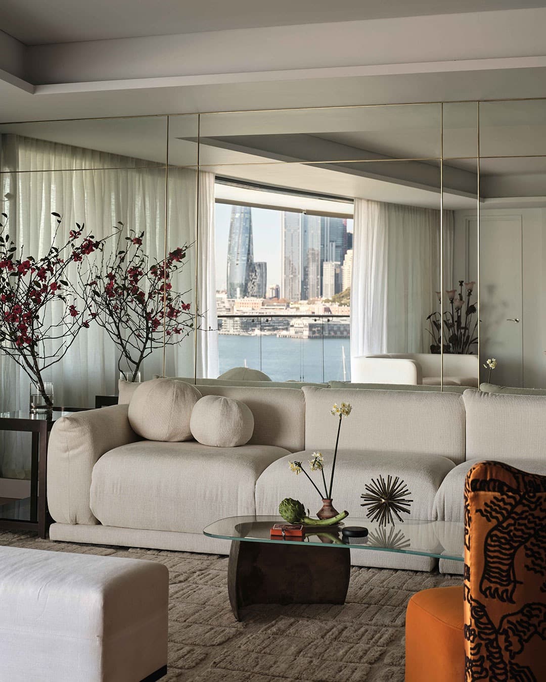 19. Backlit Round Mirror with Wood Slat Feature in White and Walnut - mirrors in living room ideas