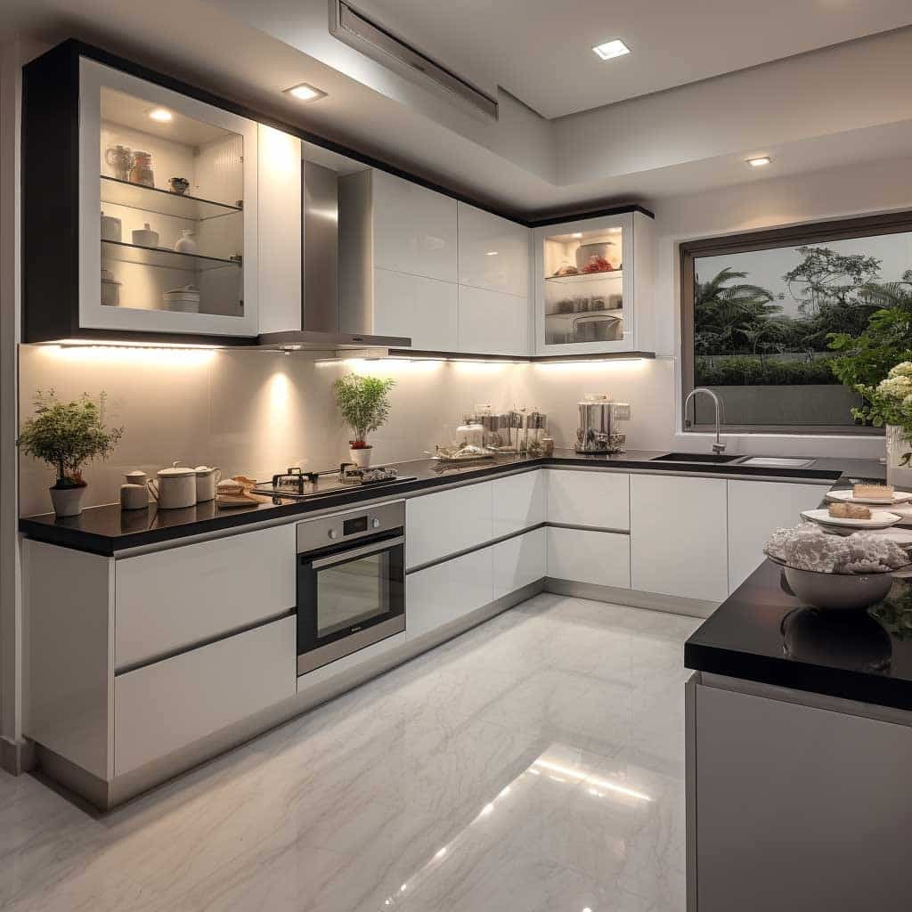 16. High-Gloss Gray and White with Underlit Display Cabinets - light gray kitchen ideas